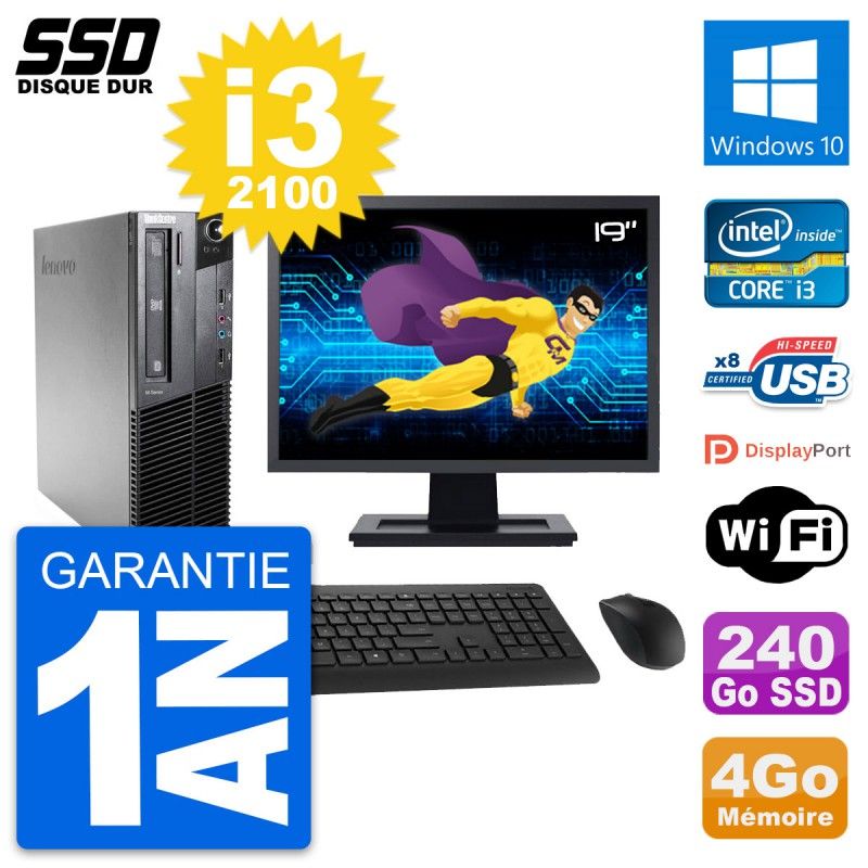 Computadora de escritorio Lenovo M81 SFF - Pantalla de 19'', Intel Core i3-2100, 4 GB de RAM, 240 GB SSD, Windows 10, Wifi
