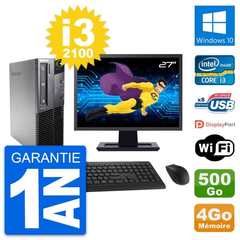 PC de escritorio Lenovo M81 SFF - Pantalla de 27', Procesador Intel i3-2100, 4 GB de RAM, Disco duro de 500 GB, Windows 10, WiFi