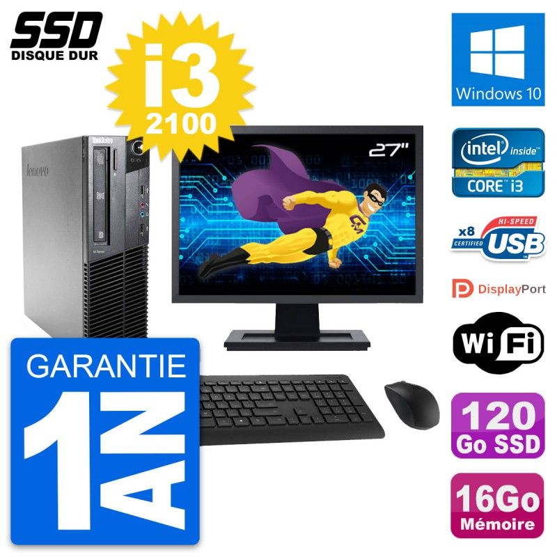 Computadora de escritorio Lenovo M81 SFF, pantalla de 27'', procesador Intel i3-2100, 16GB de RAM, SSD de 120GB, Windows 10, WiFi