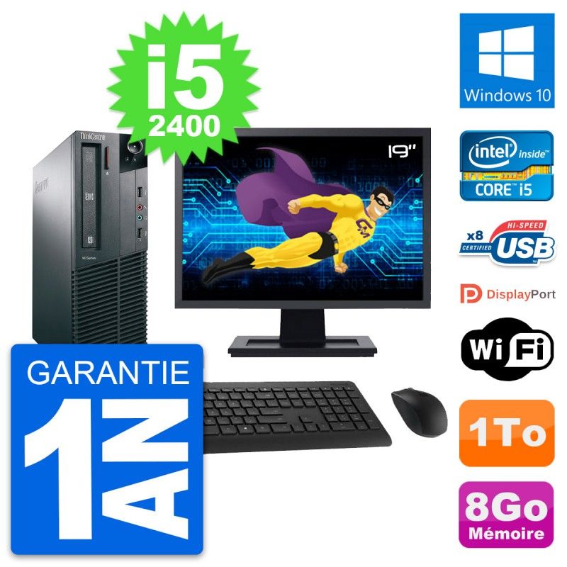 PC Lenovo M81 SFF - Pantalla de 19", Procesador Intel i5-2400, 8 GB de RAM, Disco duro de 1 TB, Windows 10, WiFi