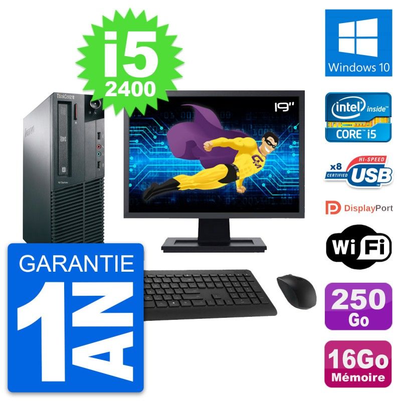 Computadora de escritorio Lenovo M81 SFF - Pantalla de 19', Intel i5-2400, 16 GB RAM, 250 GB HDD, Windows 10, WiFi