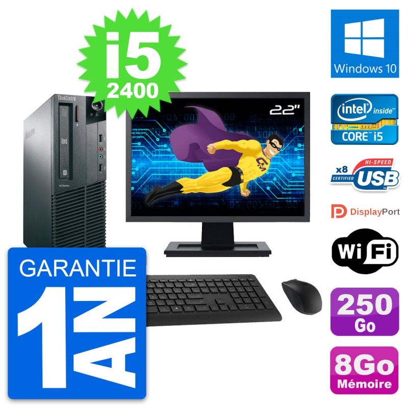 Computadora de escritorio Lenovo M81 SFF - Pantalla de 22', Intel i5-2400, 8GB RAM, 250GB HDD, Windows 10, WiFi