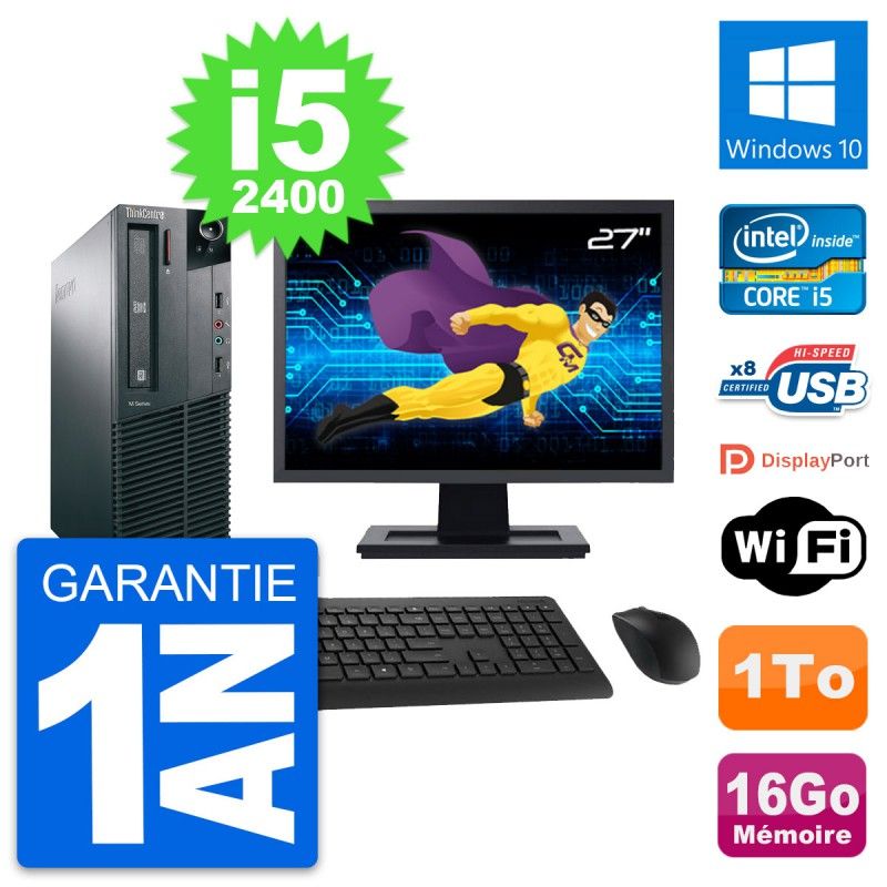 Computadora de escritorio Lenovo M81 SFF - Pantalla de 27', Intel i5-2400, 16GB RAM, 1TB HDD, Windows 10, WiFi