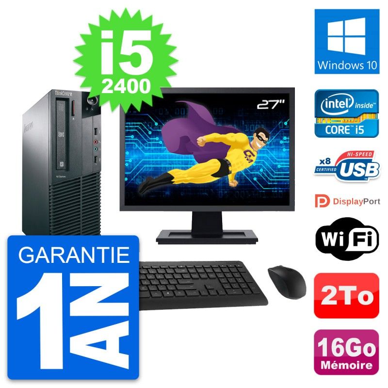 Computadora Lenovo M81 SFF - Pantalla de 27', Intel i5-2400, 16GB RAM, Disco Duro de 2TB, Windows 10, WiFi