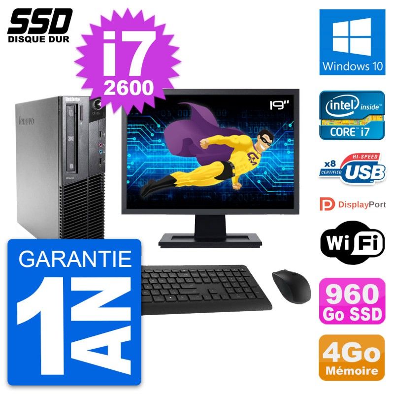 Lenovo M81 SFF Desktop Computer - 19" Screen, Intel Core i7-2600, 4GB RAM, 960GB SSD, Windows 10, WiFi