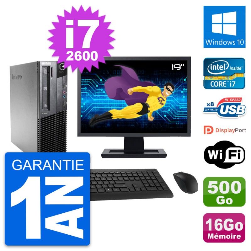 PC de escritorio Lenovo M81 SFF - Pantalla de 19', Procesador Intel i7-2600, 16GB de RAM, Disco duro de 500GB, Windows 10, Wifi