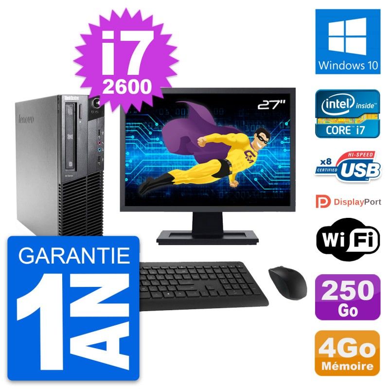 Lenovo M81 SFF Desktop Computer - 27" Screen, Intel i7-2600, 4GB RAM, 250GB HDD, Windows 10, WiFi