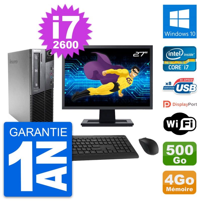 Ordinateur de bureau Lenovo M81 SFF - Écran 27'', Processeur Intel i7-2600, 4 Go de RAM, Disque dur 500 Go, Windows 10, WiFi