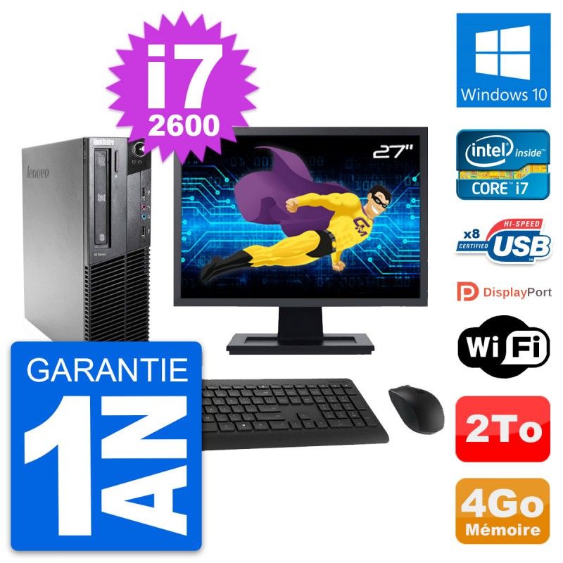 Ordinateur de bureau Lenovo M81 SFF - Écran 27", Processeur Intel i7-2600, 4 Go de RAM, Disque dur 2 To, Windows 10, Wi-Fi