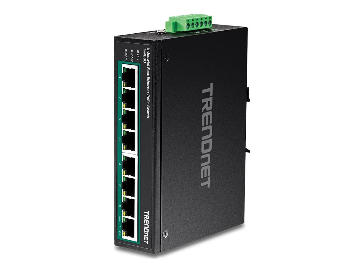 Trendnet TI-PE80 - Industrial PoE+ Switch - 8 x 10/100 (PoE+) - DIN Rail Mount, Wall Mountable - 200W PoE+ - DC Voltage - TAA Compliant