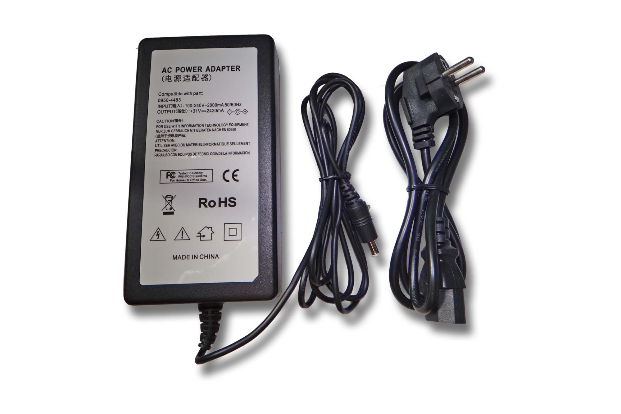 vhbw Power Adapter Power Supply Cable Charger Compatible with HP Officejet 7310, 7410, 7210 Printer - 0.53A/2.42A
