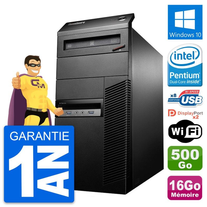 Ordinateur de bureau Lenovo ThinkCentre M93p - Processeur Intel Pentium G3220, 16 Go de RAM, Disque dur 500 Go, Windows 10, WiFi
