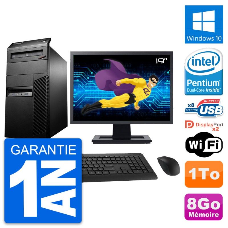 PC de escritorio Lenovo M93p, pantalla de 19'', procesador Intel Pentium G3220, 8 GB de RAM, 1 TB HDD, Windows 10, WiFi