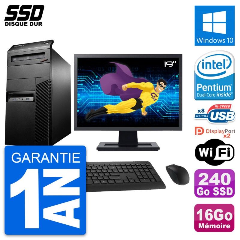 PC de sobremesa Lenovo M93p - Pantalla de 19', Procesador Intel Pentium G3220, 16GB de RAM, 240GB SSD, Windows 10, WiFi