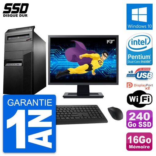 Lenovo M93p Mid Tower PC - 19" Screen, Intel Pentium G3220, 16GB RAM, 240GB SSD, Windows 10, WiFi