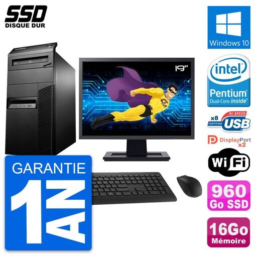 Lenovo M93p Mid Tower PC with 19" Screen, Intel G3220, 16GB RAM, 960GB SSD, Windows 10, Wifi