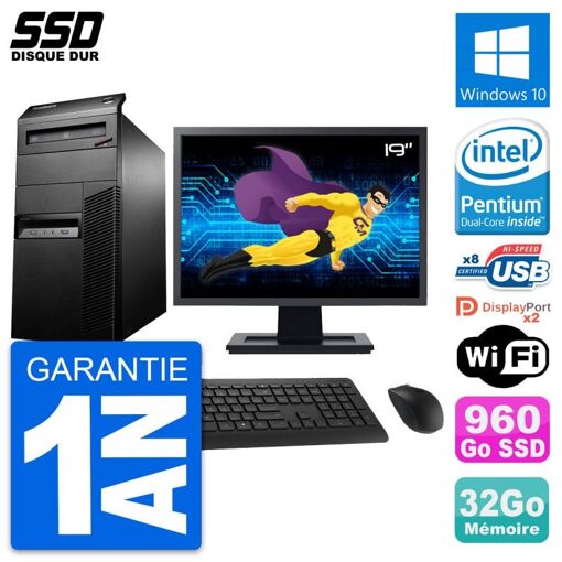 Lenovo M93p Mid Tower PC with 19" Screen, Intel G3220, 32GB RAM, 960GB SSD, Windows 10, WiFi
