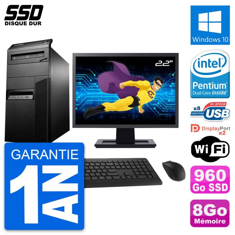 Torre Lenovo M93p de 22 pulgadas - Procesador Intel G3220, 8 GB de RAM, 960 GB SSD, Windows 10, WiFi