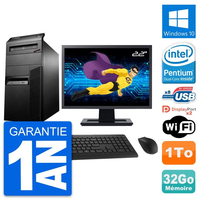 PC de sobremesa Lenovo M93p, pantalla de 22', procesador Intel Pentium G3220, 32 GB de RAM, disco duro de 1 TB, Windows 10, WiFi