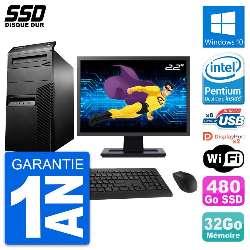PC de sobremesa Lenovo M93p - Pantalla de 22", Procesador Intel Pentium G3220, 32GB de RAM, SSD de 480GB, Windows 10, Wifi