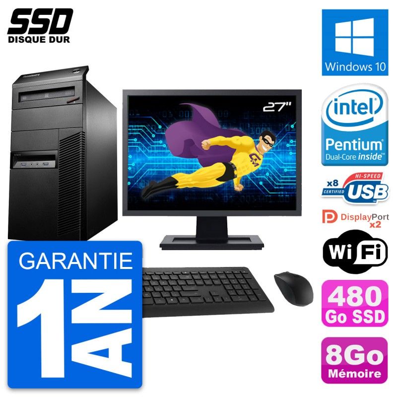 Lenovo M93p Mid Tower PC with 27" Screen, Intel G3220, 8GB RAM, 480GB SSD, Windows 10, WiFi