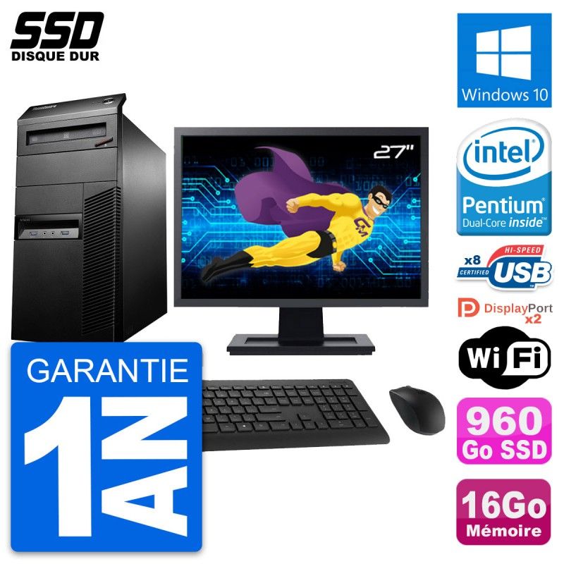Lenovo ThinkCentre M93p Desktop Computer, 27" Screen, Intel G3220, 16GB RAM, 960GB SSD, Windows 10, WiFi