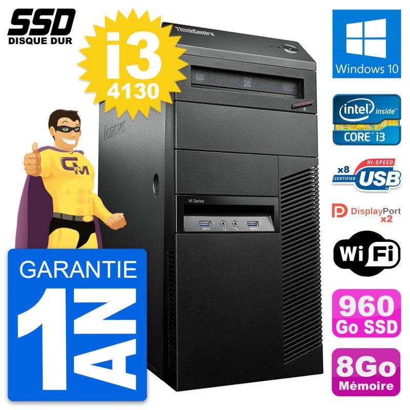 PC de escritorio Lenovo ThinkCentre M93p - Procesador Intel i3-4130, 8GB de RAM, 960GB SSD, Windows 10, Wifi