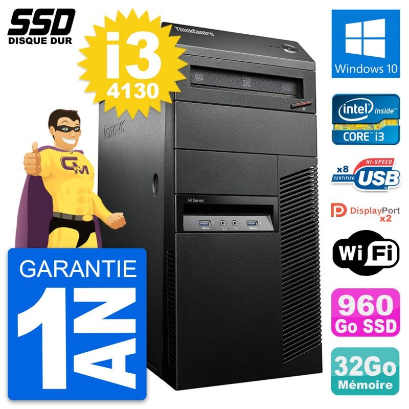 Lenovo ThinkCentre M93p Desktop PC - Intel i3-4130, 32GB RAM, 960GB SSD, Windows 10, WiFi