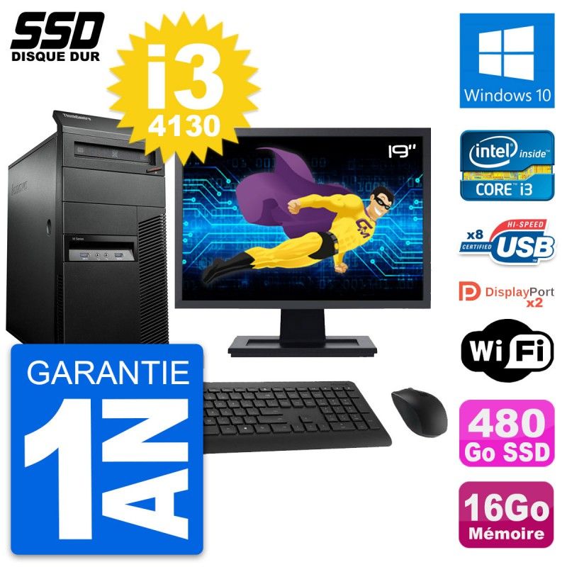 PC de escritorio Lenovo M93p - Pantalla de 19', Intel i3-4130, 16 GB de RAM, 480 GB SSD, Windows 10, WiFi