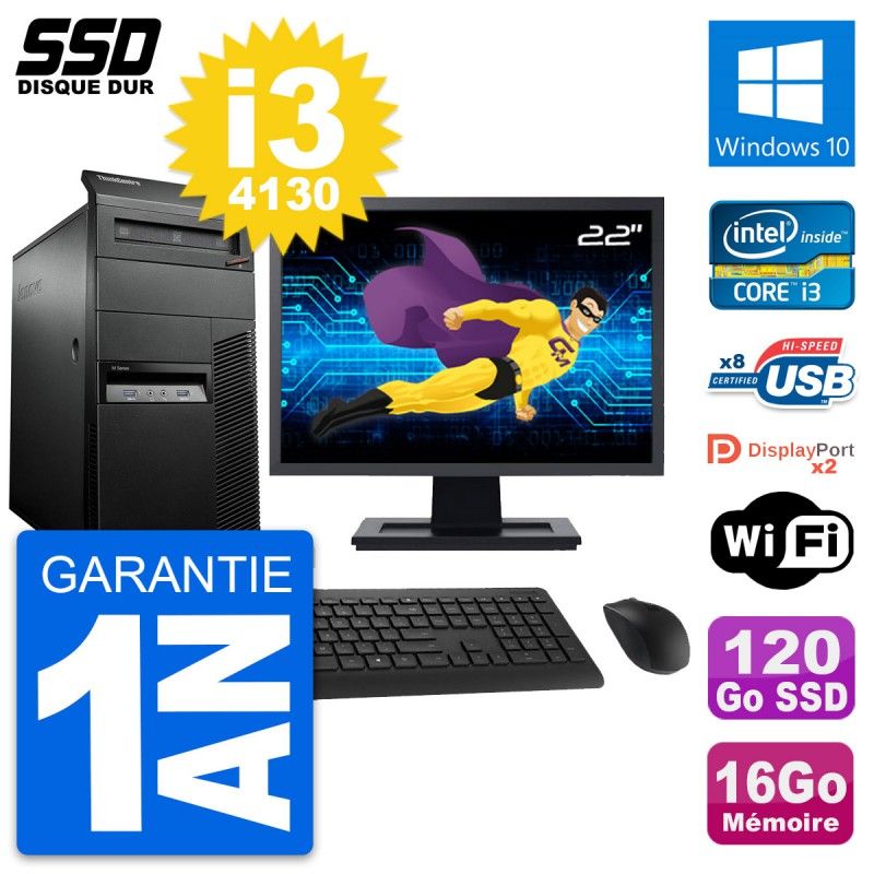 Lenovo M93p Mid Tower PC, 22" Screen, Intel i3-4130, 16GB RAM, 120GB SSD, Windows 10, WiFi