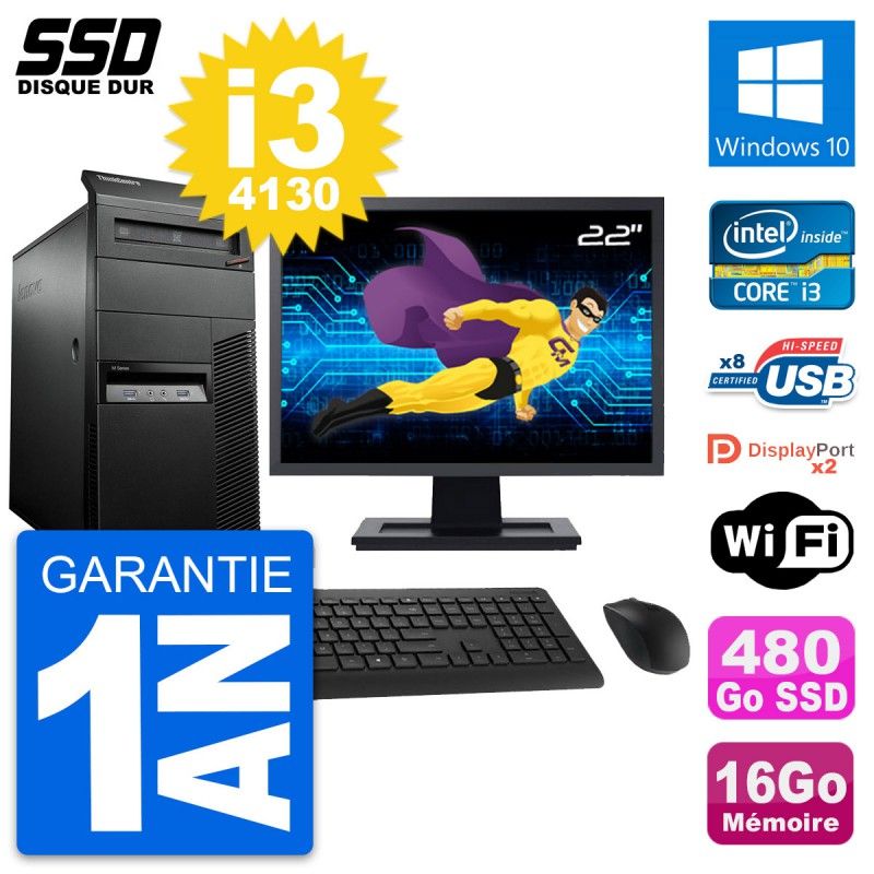 Lenovo M93p 22" Desktop PC - Intel i3-4130, 16GB RAM, 480GB SSD, Windows 10, WiFi