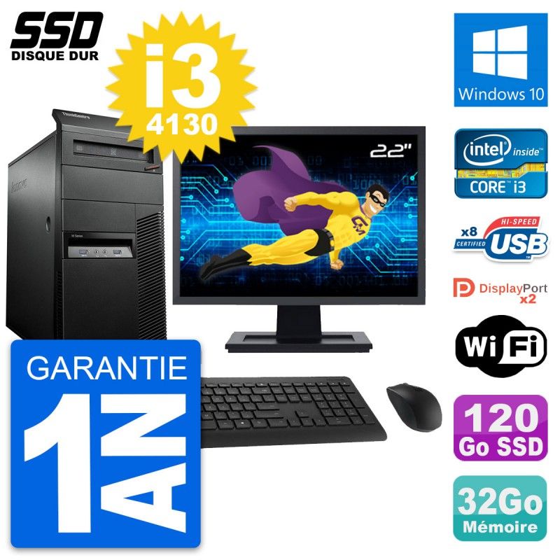 Lenovo M93p Mid Tower PC, 22" Screen, Intel i3-4130, 32GB RAM, 120GB SSD, Windows 10, WiFi