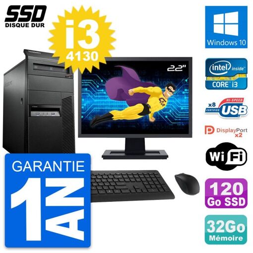 Lenovo M93p Mid Tower PC, 22" Screen, Intel i3-4130, 32GB RAM, 120GB SSD, Windows 10, WiFi