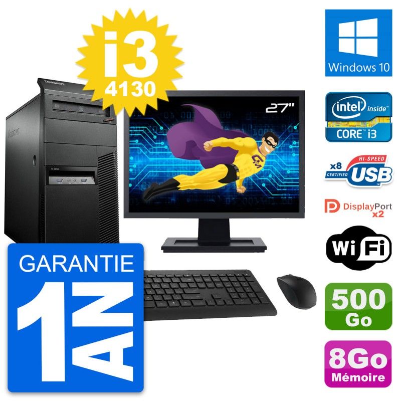 Lenovo M93p Mid Tower PC with 27" Screen, Intel i3-4130, 8GB RAM, 500GB HDD, Windows 10, WiFi