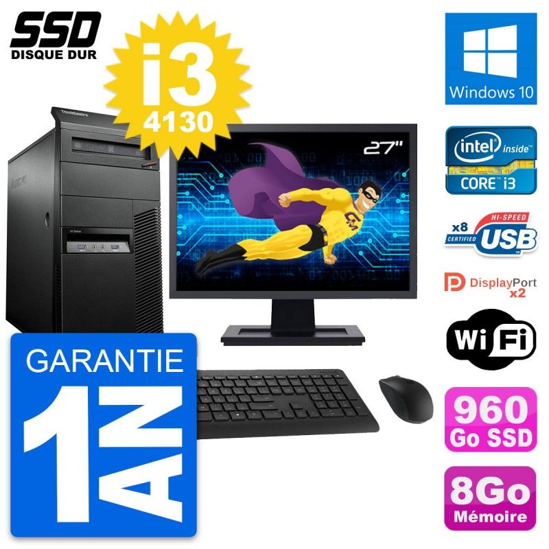Lenovo M93p Mid Tower PC, 27" Screen, Intel i3-4130, 8GB RAM, 960GB SSD, Windows 10, WiFi