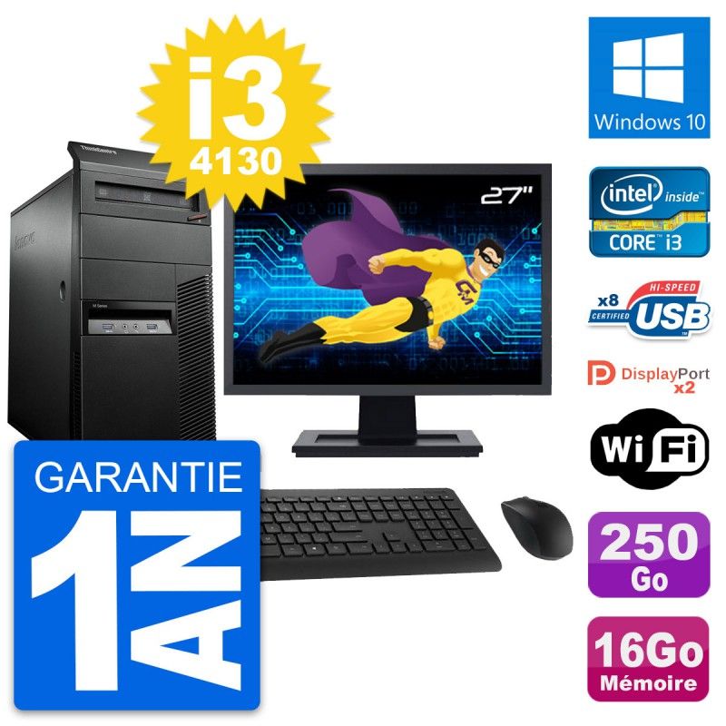 Lenovo M93p Mid Tower PC with 27" Screen, Core i3-4130, 16GB RAM, 250GB HDD, Windows 10, WiFi
