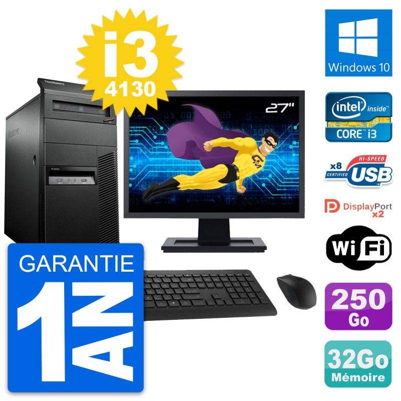 Lenovo M93p Mid Tower PC with 27" Screen, Core i3-4130, 32GB RAM, 250GB HDD, Windows 10, WiFi