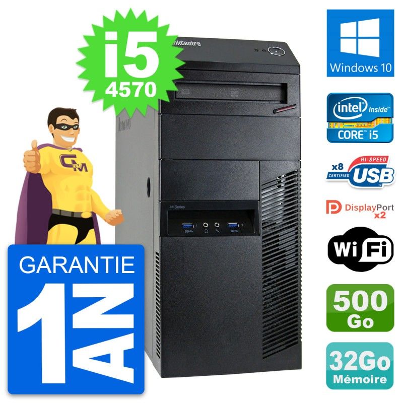 Ordinateur de bureau Lenovo ThinkCentre M93p - i5-4570, 32 Go de RAM, 500 Go SSD, WiFi