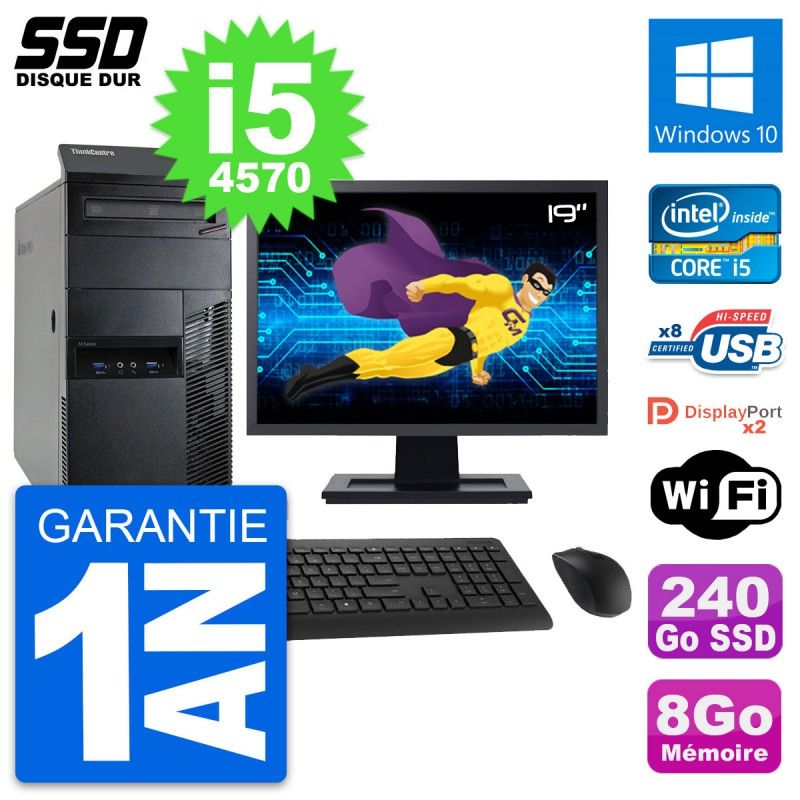 Lenovo M93p Mid Tower PC - 19" Screen, Intel i5-4570, 8GB RAM, 240GB SSD, Windows 10, WiFi