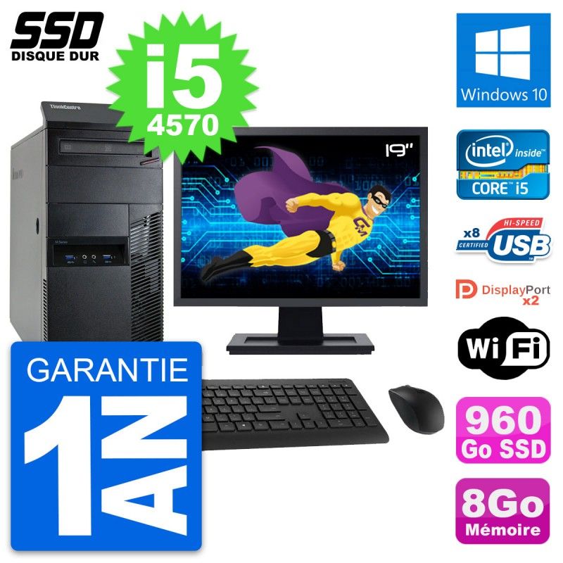 Lenovo M93p Mid Tower PC, 19" Screen, Intel i5-4570, 8GB RAM, 960GB SSD, Windows 10, WiFi