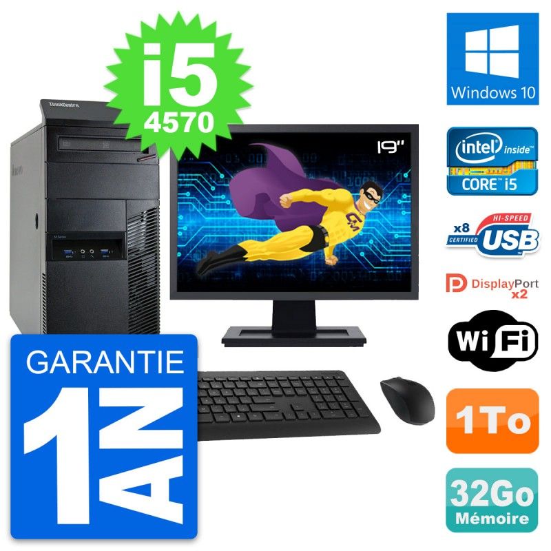Lenovo M93p Mid Tower PC, 19" Screen, Intel i5-4570, 32GB RAM, 1TB HDD, Windows 10, WiFi