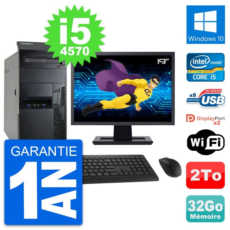 Lenovo M93p Mid Tower PC - 19" Screen, Intel i5-4570, 32GB RAM, 2TB Hard Drive, Windows 10, WiFi
