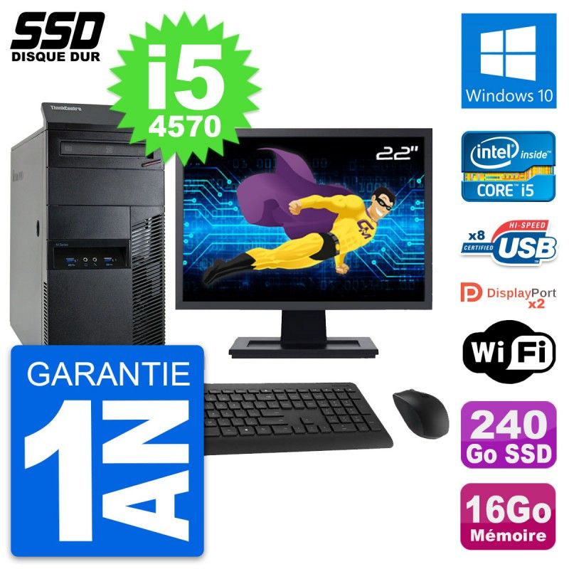 Lenovo ThinkCentre M93p 22" Screen, Intel i5-4570, 16GB RAM, 240GB SSD, Windows 10, WiFi