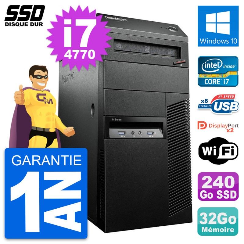 Lenovo ThinkCentre M93p Desktop Computer - Intel i7-4770, 32GB RAM, 240GB SSD, Windows 10, WiFi