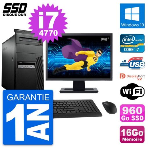 Lenovo ThinkCentre M93p 19" Screen, Intel i7-4770, 16GB RAM, 960GB SSD, Windows 10, Wifi