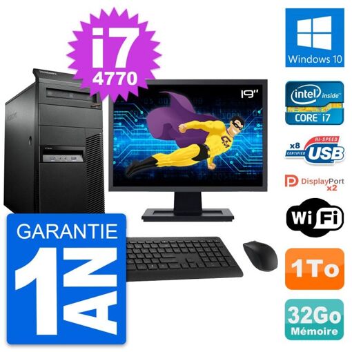 Lenovo M93p Mid Tower PC with 19" Screen, Intel i7-4770, 32GB RAM, 1TB HDD, Windows 10, WiFi