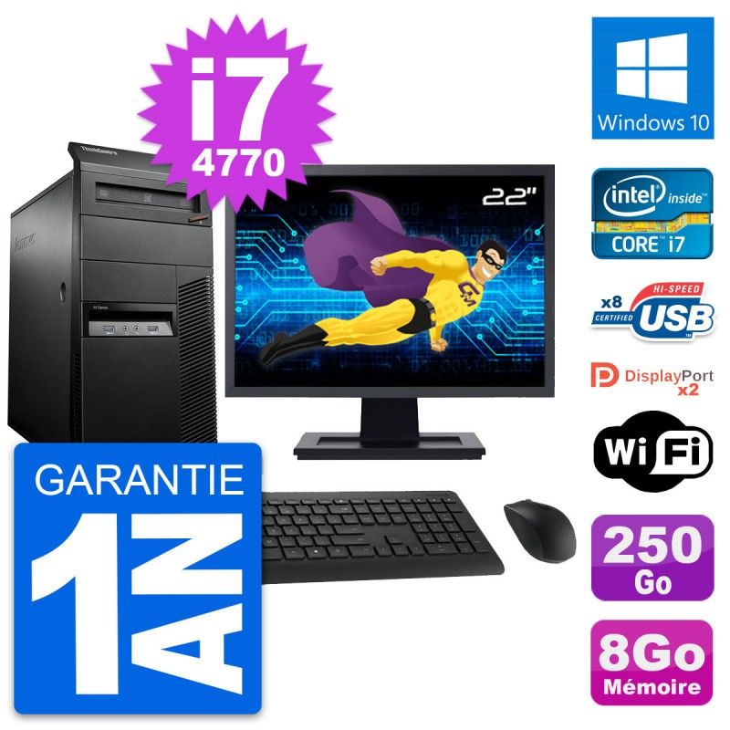 Lenovo M93p Mid Tower PC - 22" Screen, Intel i7-4770, 8GB RAM, 250GB HDD, Windows 10, WiFi