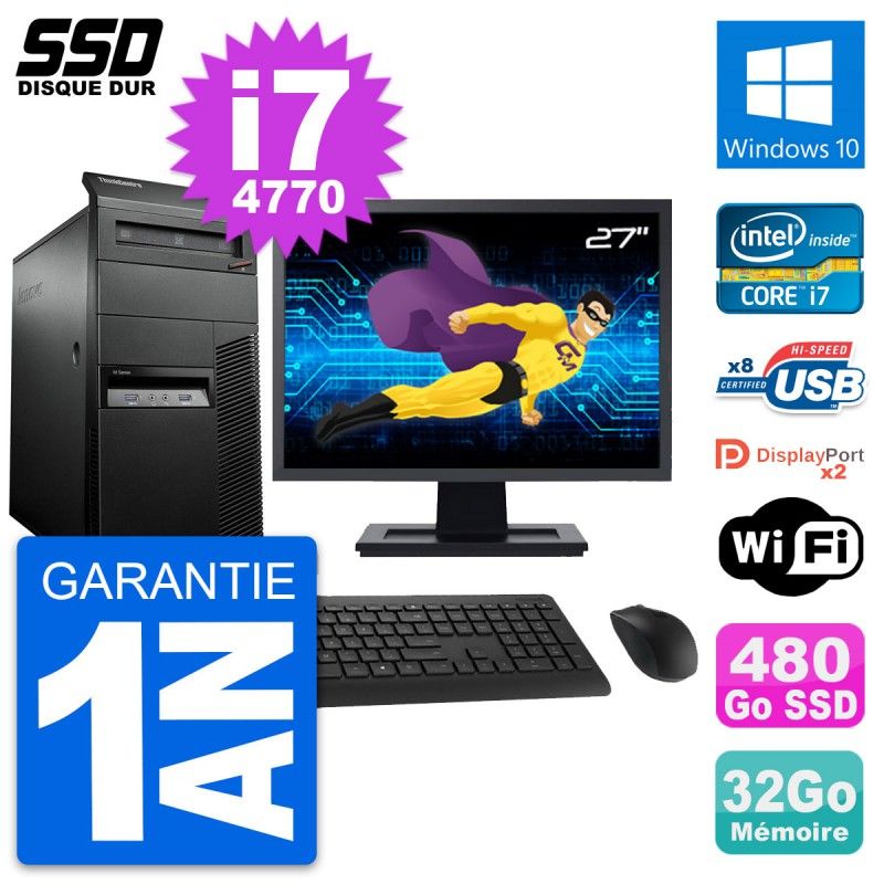 Lenovo M93p Mid Tower PC - 27" Screen, Intel i7-4770, 32GB RAM, 480GB SSD, Windows 10, WiFi