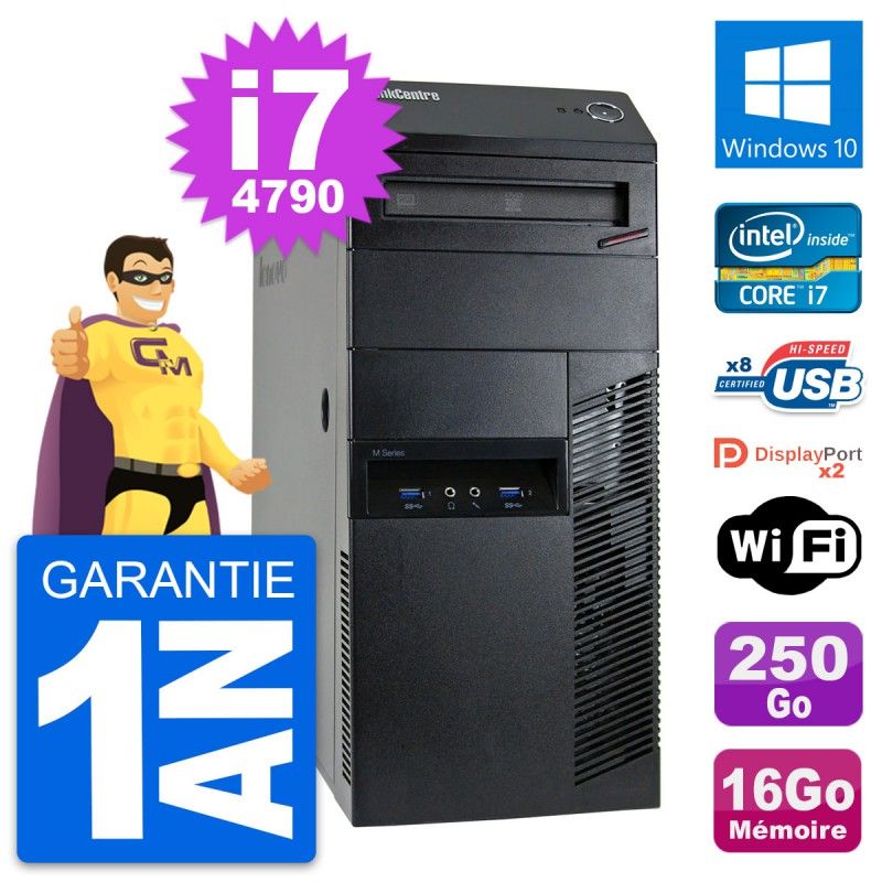 Ordinateur de bureau Lenovo ThinkCentre M93p i7-4790 16 Go RAM 250 Go HDD Windows 10 WiFi