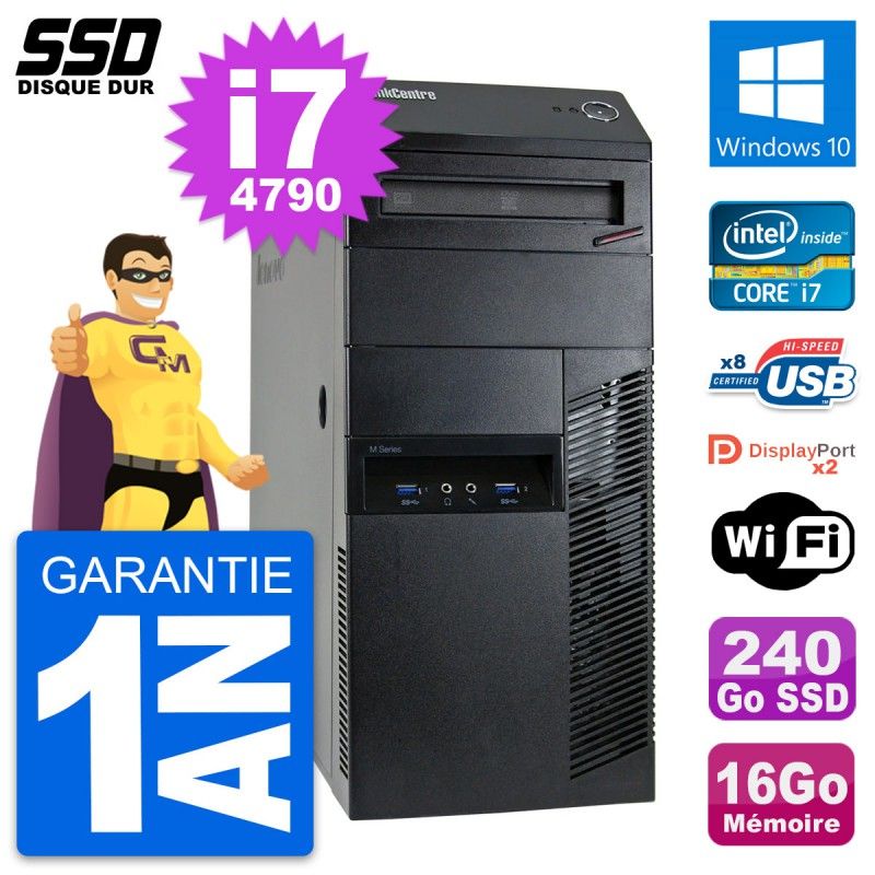 Lenovo ThinkCentre M93p Desktop Computer - Intel i7-4790, 16GB RAM, 240GB SSD, Windows 10, WiFi